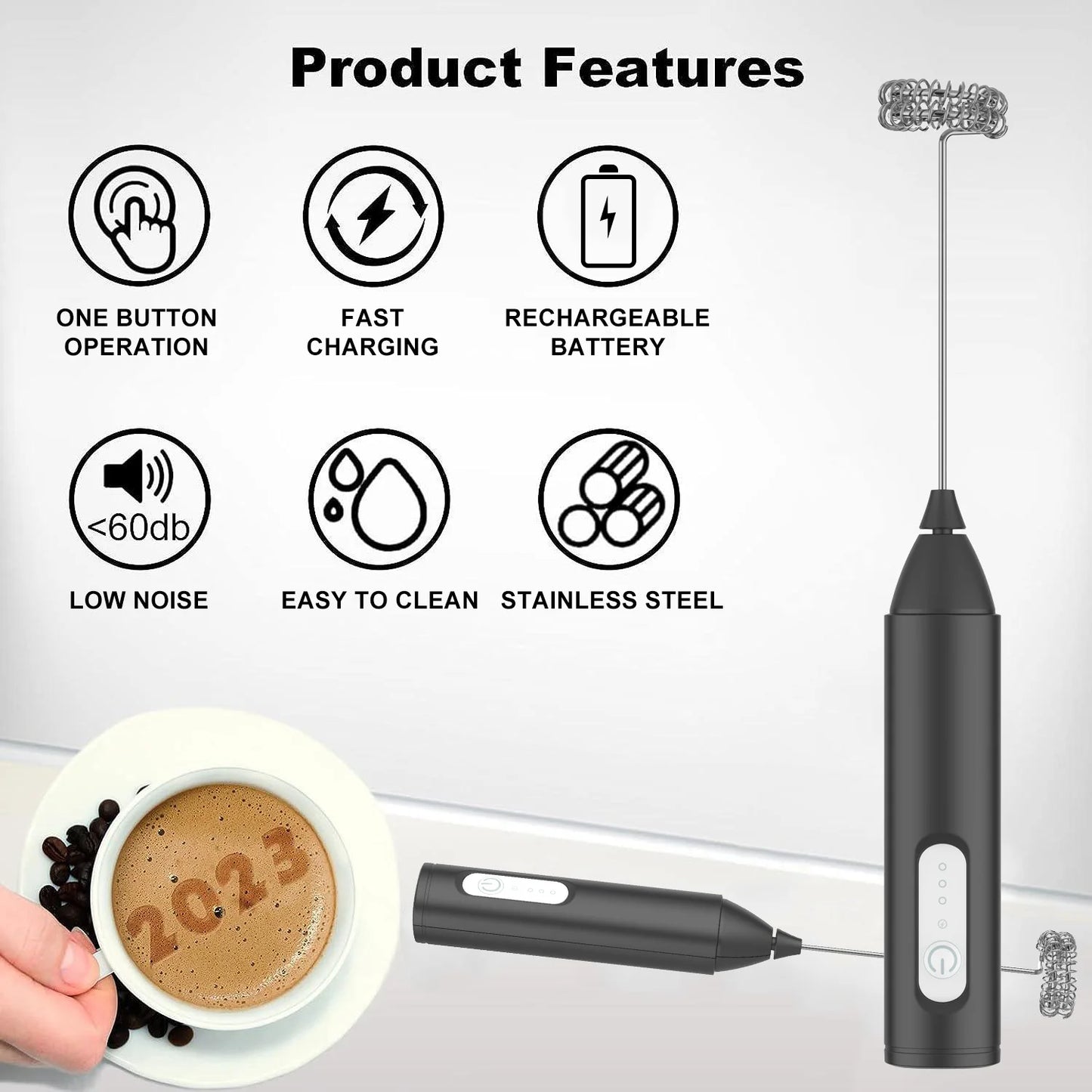 Wireless Milk Frother Electric Type-C Handheld Blender Stainless Steel Mini Coffee Maker Whisk Mixer For Coffee Cappuccino Cream