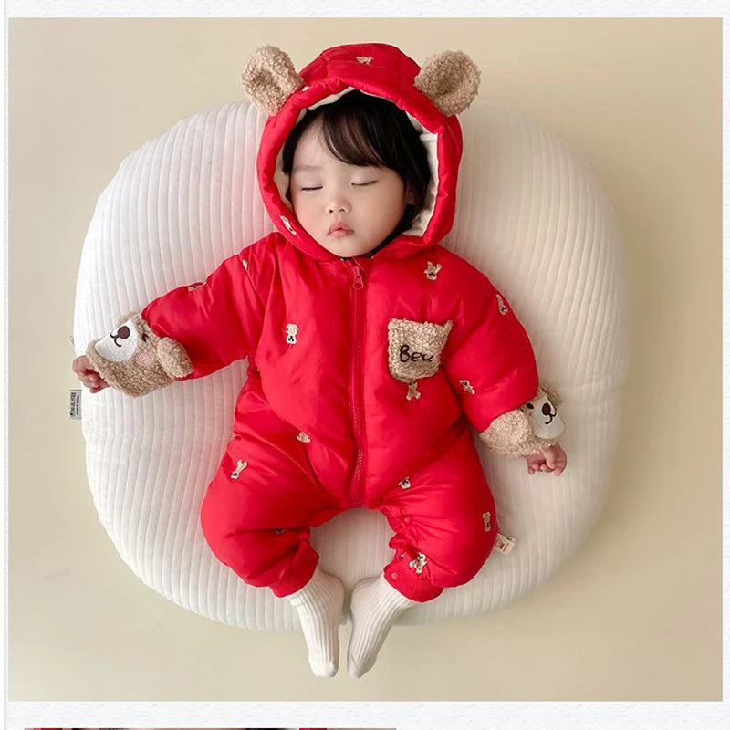 New Winter Thick Keep Warm Boys Girls Rompers Lined With Velvet Cartoon Bear Pattern Hooded Bodysuits For 1-2 Years Old Kids