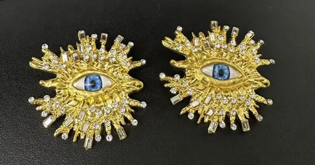 Exaggerated Sparkling Crystal Eye Earrings Retro Luxury Open Ring Brooch Earring Set