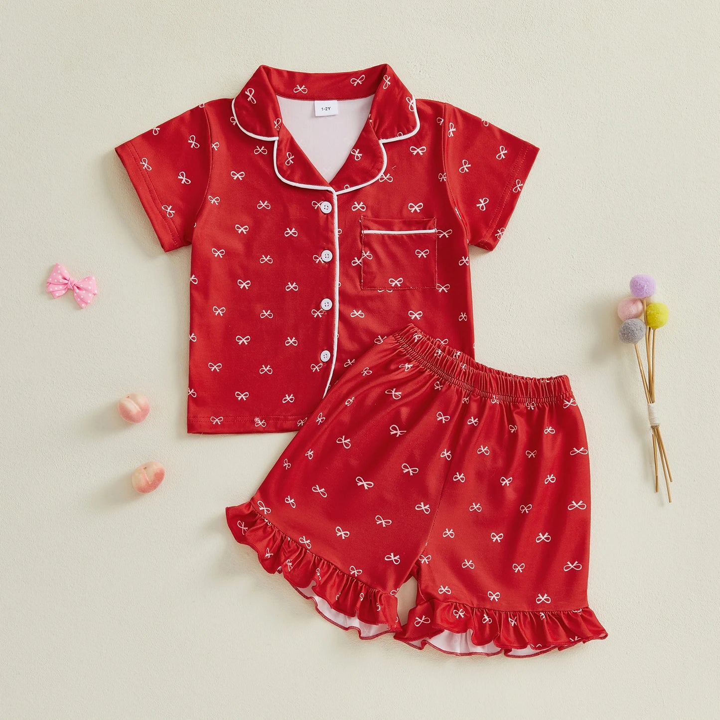 Summer Toddler Girls Loungewear Set Bow Print Short Sleeve Shirts Tops Elastic Waist Shorts Suit Infant Sleepwear Kids Pajamas
