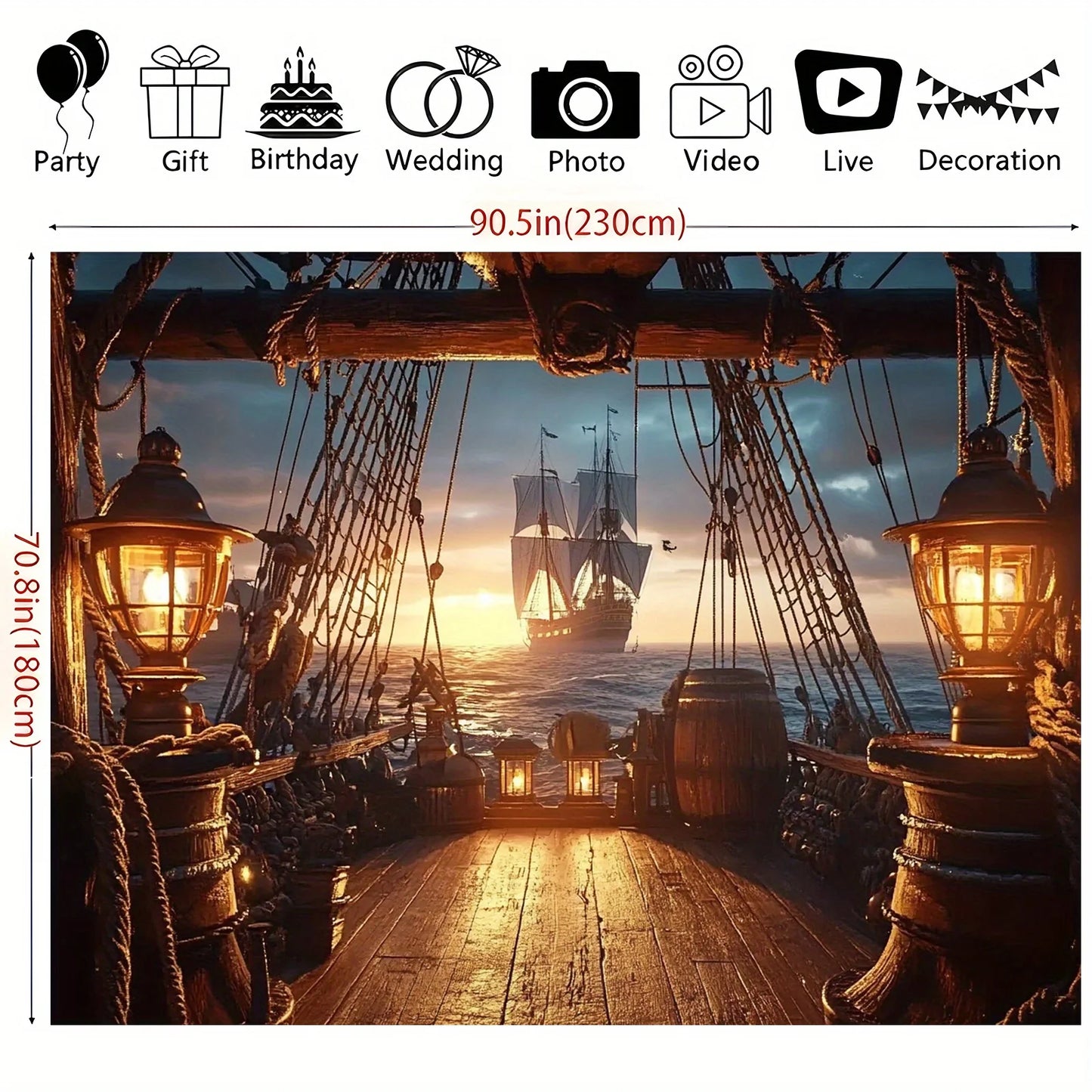 1 golden dusk pirate ship sailing scene background cloth, retro-style party banner, outdoor decoration