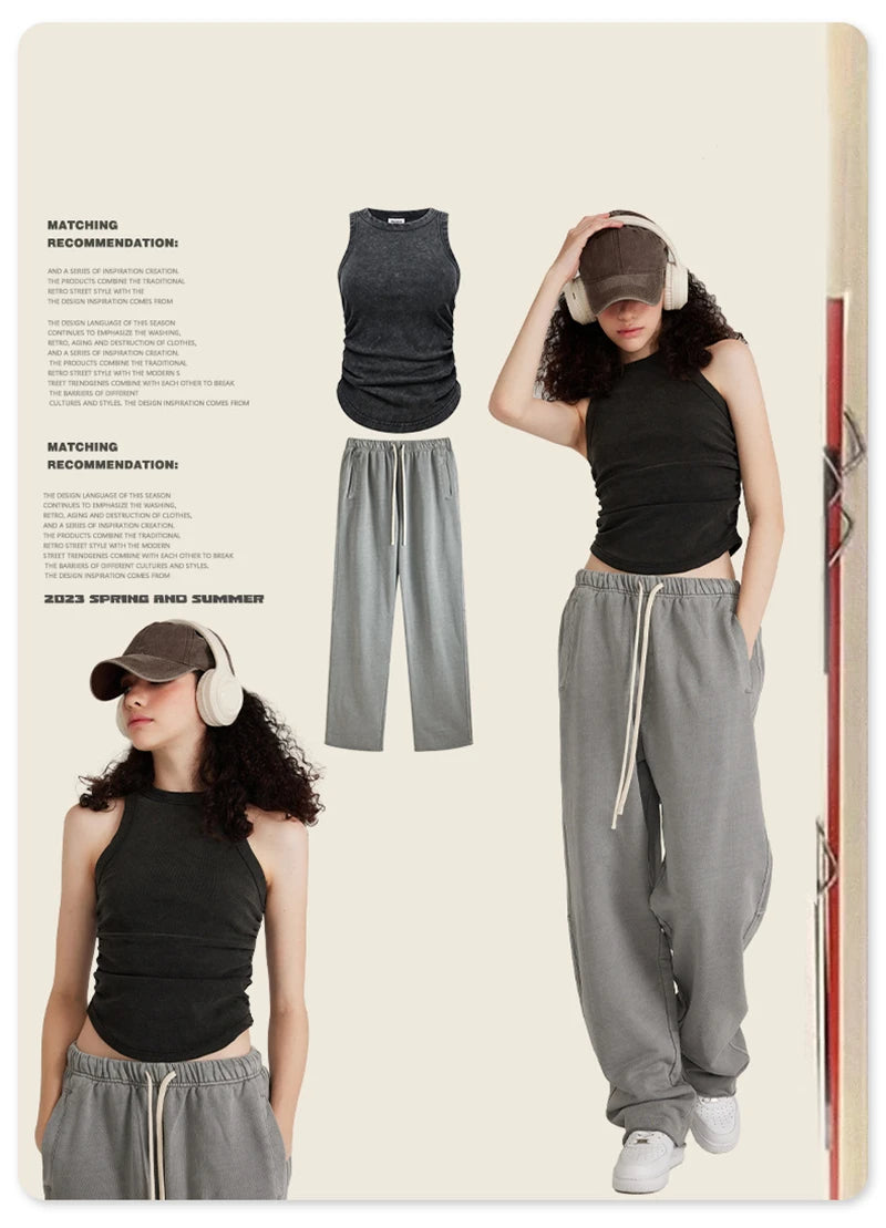 ZODF Women 2025 Hotsweet Girls Washed Cotton Tank Tops Female 315gsm Slim Pleated Arc Hem Camisole TEE Brand Tops HY0574