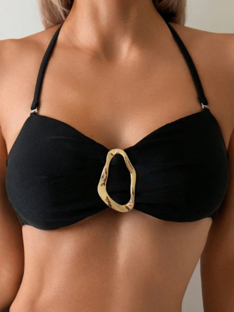 Sexy Black High Waist Bikini Set Women Metal Buckle Push Up Two Piece Swimsuit 2025 Summer Bathing Suit Holiday Swimwear Biquini