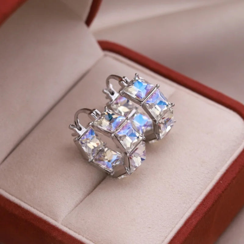 2025 Korean new design fashion jewelry luxury square blue crystal hoop earrings elegant women's daily work accessories