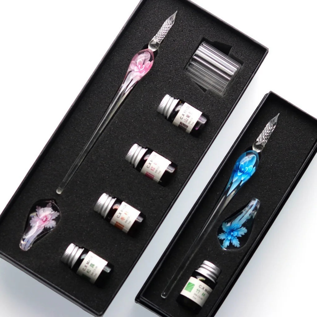 Embedded flower glass pen set, colored dipping pen, street vendor gift box, signature pen, glass pen gift