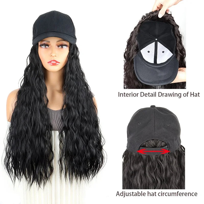 24Inch Synthetic Long Kinky Curly Hair Extension Wigs Baseball Cap Hat  Adjustable One-piece Wigs for Women