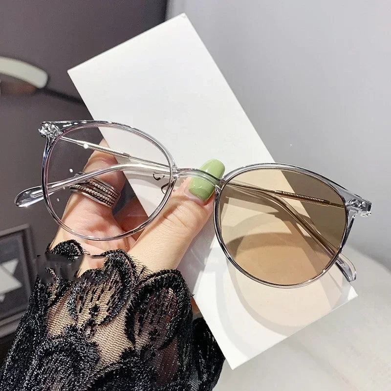 Intelligent Blue Light Blocking Myopia Glasses Round Frame Ultra Light Color Changing Sunglasses Outdoor Travel Driving Eyewear