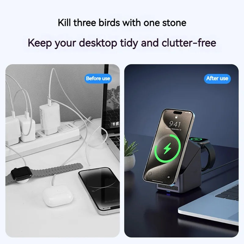 4in1 Electric Rotating Magnetic 15W Wireless Charger Time Display Touch Rotation for  iPhone Watch AirPods Ideal Charging Stand