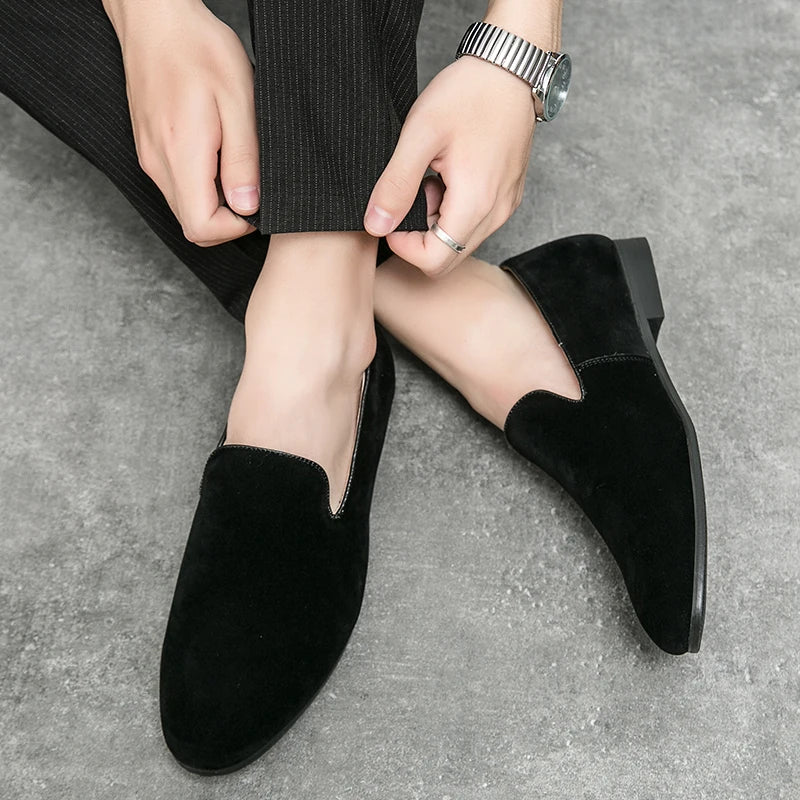 Fashion Classic Men Suede Shoes Male Pointed Brown Black Slip On Loafers Wedding Dress Homecoming Formal Footwear Zapatos Hombre