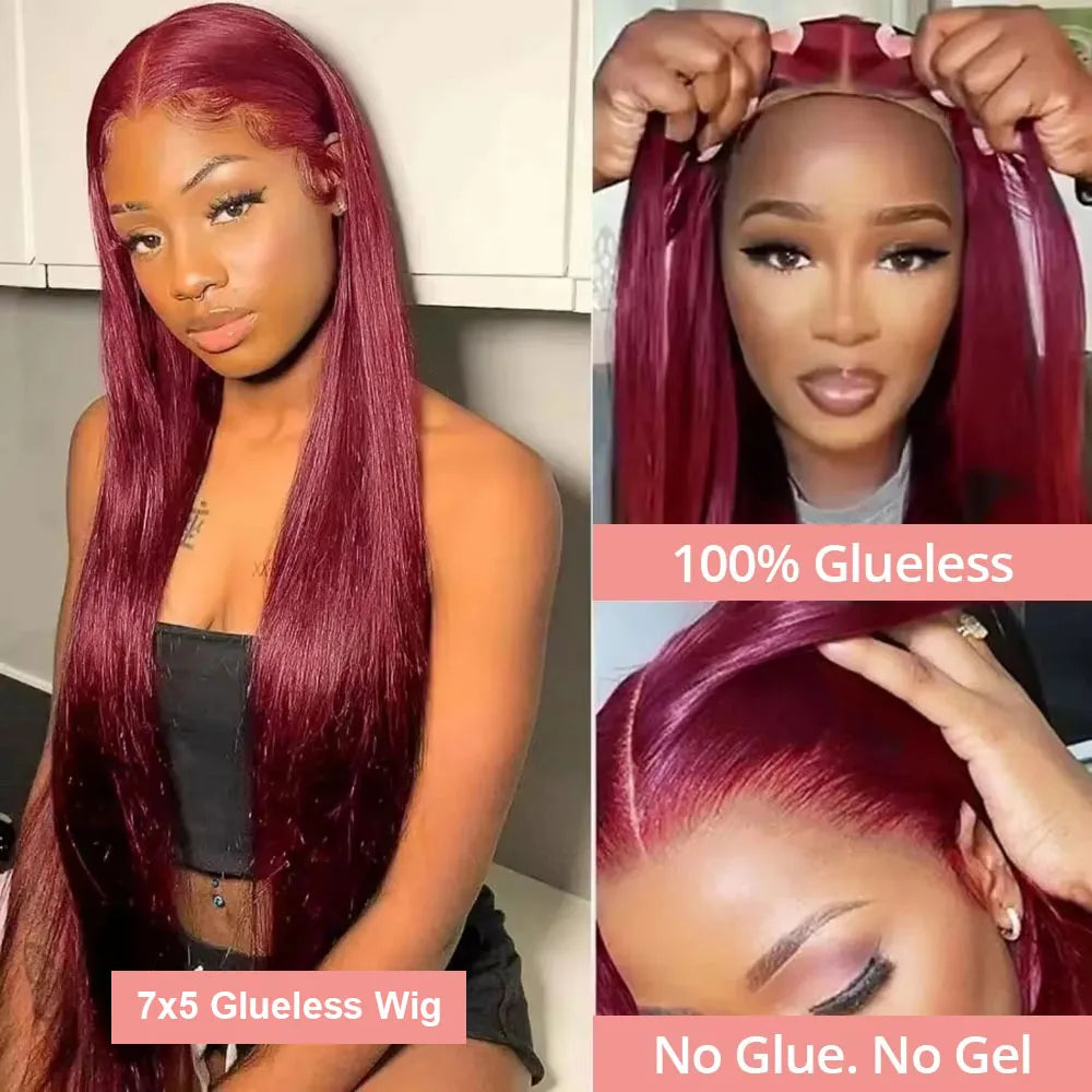 Burgundy Transparent Lace Frontal Human Hair Wig 7x5 Glueless Red 99J Straight Colored 13x4 Lace Front Human Hair Wigs For Women