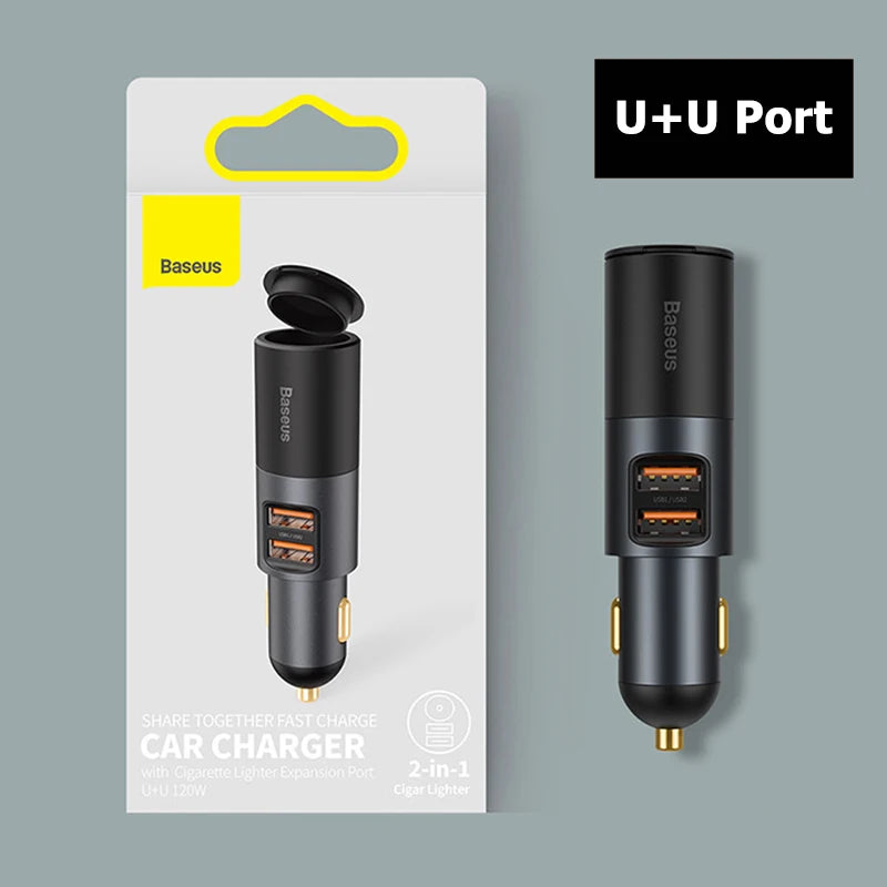 Baseus 120W Car Phone Charger Quick Charge QC 4.0 3.0 Dual USB Type C Expand Charger Adapter For iPhone Xiaomi Samsung Huawei
