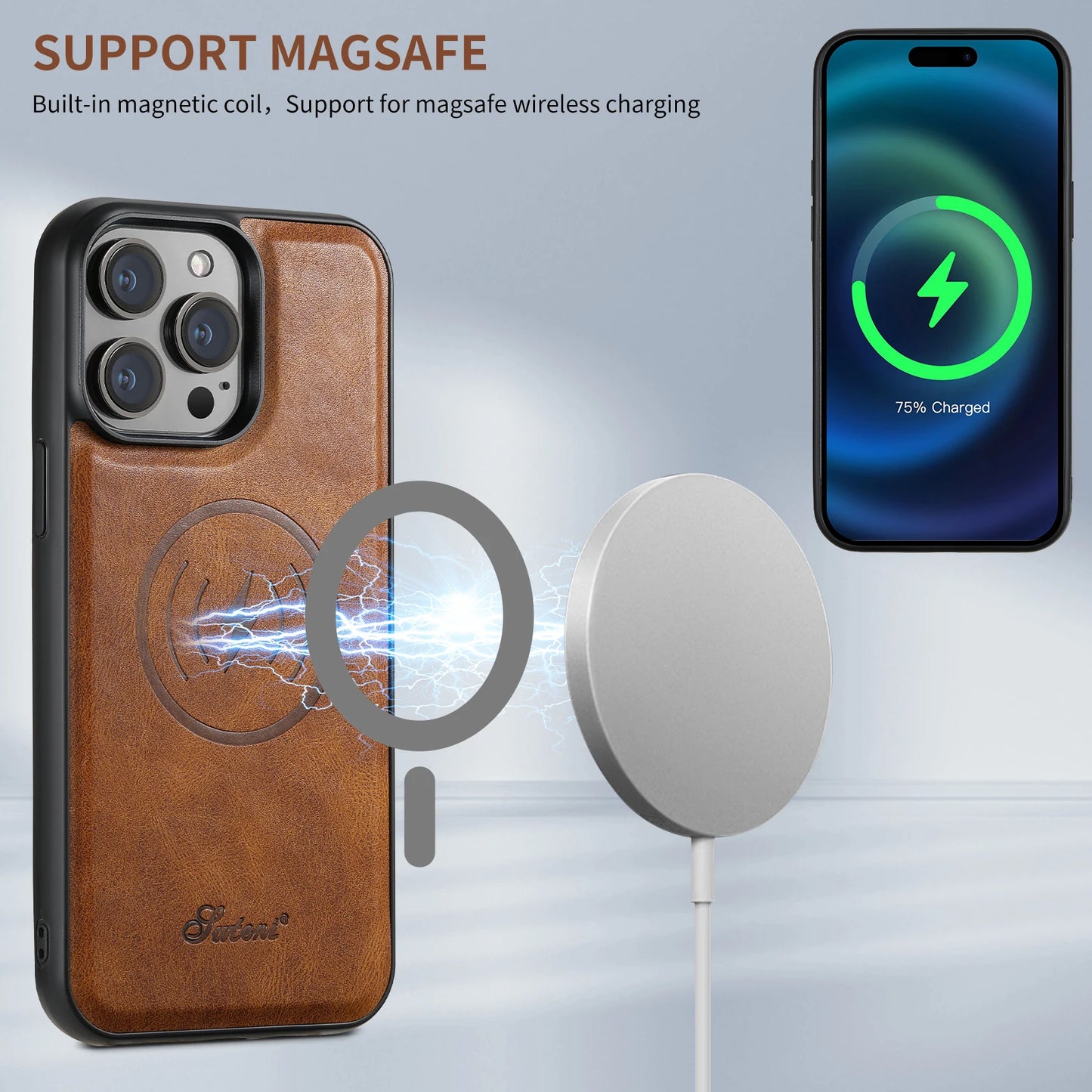 SUTENI Compatible Wireless Charging Luxury PU Leather case For iPhone 12 13 14 15 Plus 16 Pro Max