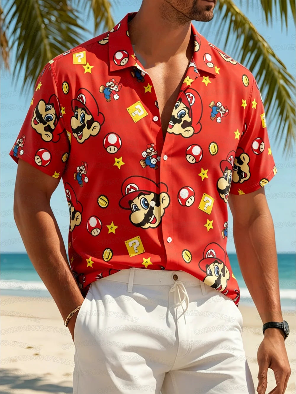 Summer Men's Women's Yoshi Full Body Printed Button Casual Hawaiian Shirt Summer Beach Vacation Short Sleeve Shirt