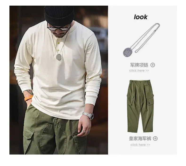 Vintage Daily Stand Neck T-shirt Men's Solid Patchwork Button Trendy Temperament Simple Cotton Long Sleeved Top JJ356