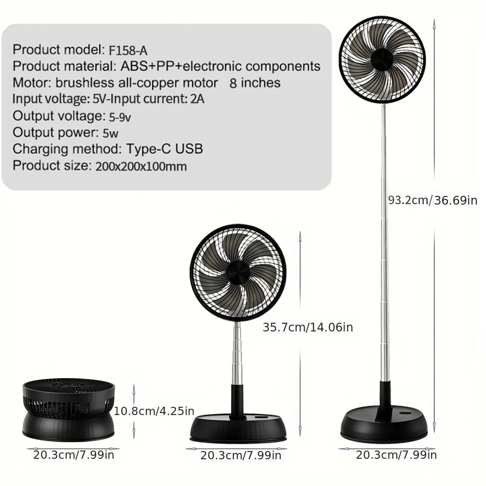 Home Bedroom Outdoor Camping Foldable Vertical Desktop Electric Fan Remote Control Silent Timed Left Right Rotation Black Fan