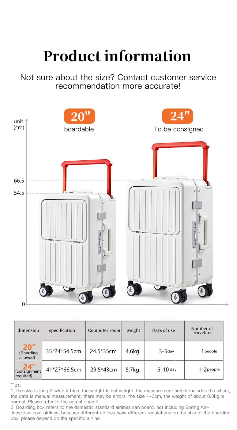24-inch luggage with an aluminum frame, wide pull rod and front opening, as well as a high-value 20-inch travel suitcase (pull r