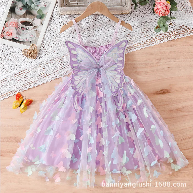 Baby Girls Big Butterfly Wings Gauze Princess Dress Lovely Kids Summer Sleeveless Tulle Sling Dress Children Birthday Party Gown