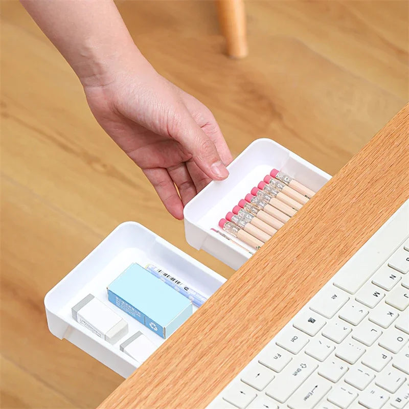 White Self-Adhesive Storage Drawer Box Makeup Pencil Tray Desk Hidden Under Desk Stand Self-adhesive Under-drawer Storage Boxes