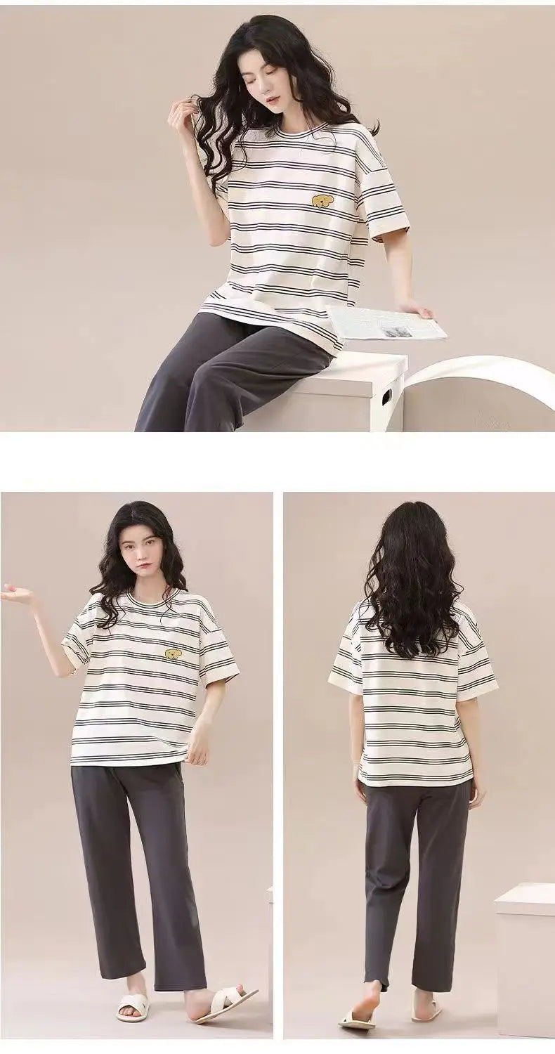 Pyjamas Set for Women‘s Short Sleeve Long Pants Student Casual Cartoon Bear Sweet Cuet Sleepwear Loungewear Romantic Nightwear