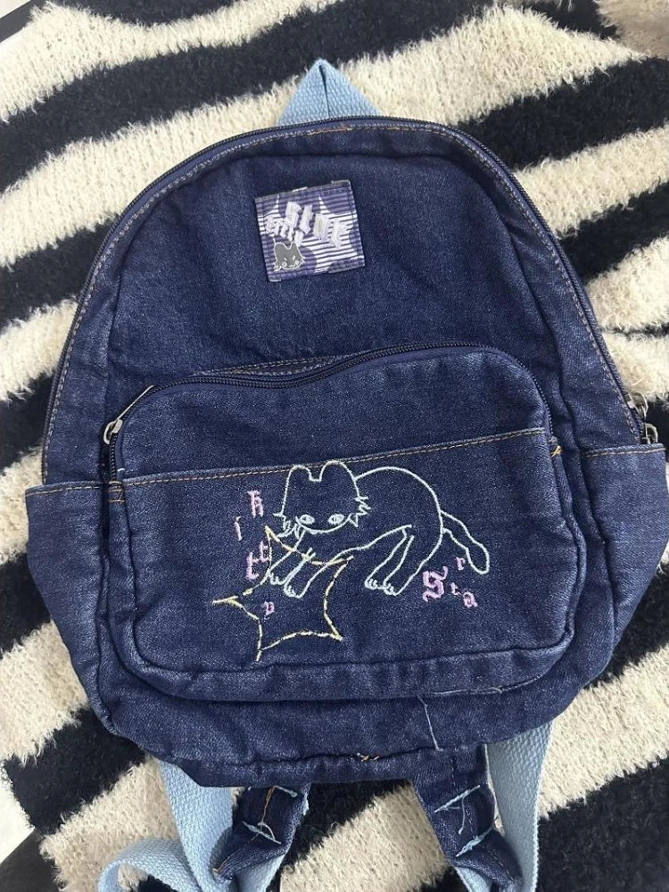 Fashion Small Denim Backpack Kawaii Cat School Bag Mini Cute Schoolbag Deep Blue Backpacks Aesthetic Japanese Preppy Book Bags