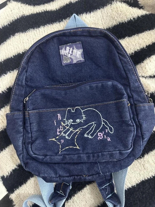 Fashion Small Denim Backpack Kawaii Cat School Bag Mini Cute Schoolbag Deep Blue Backpacks Aesthetic Japanese Preppy Book Bags