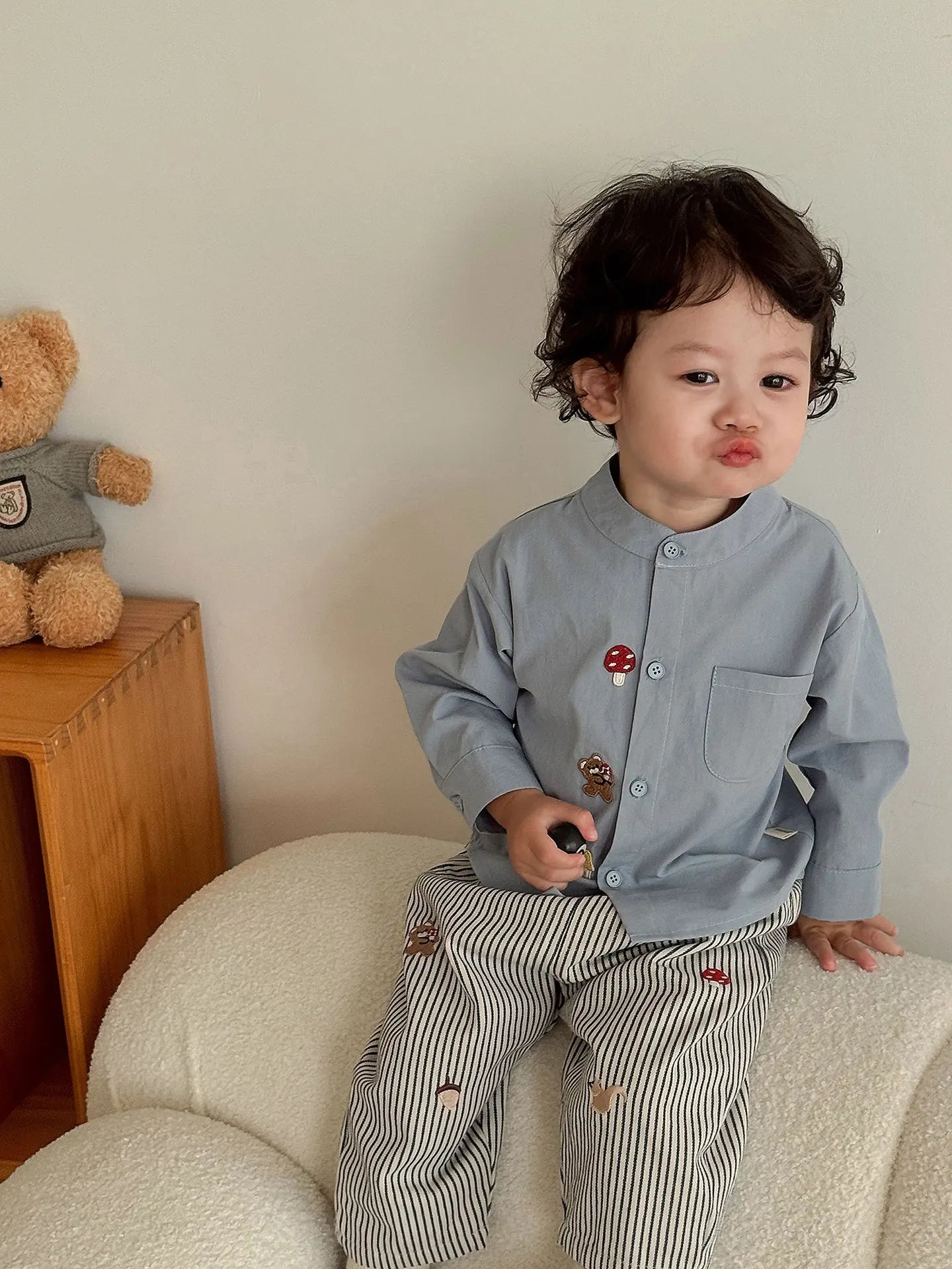 2025 Fall New Toddler Kids Pants Cotton Cartoon Embroidered Harem Pants Baby Boy Casual Striped Denim Baggy Trousers