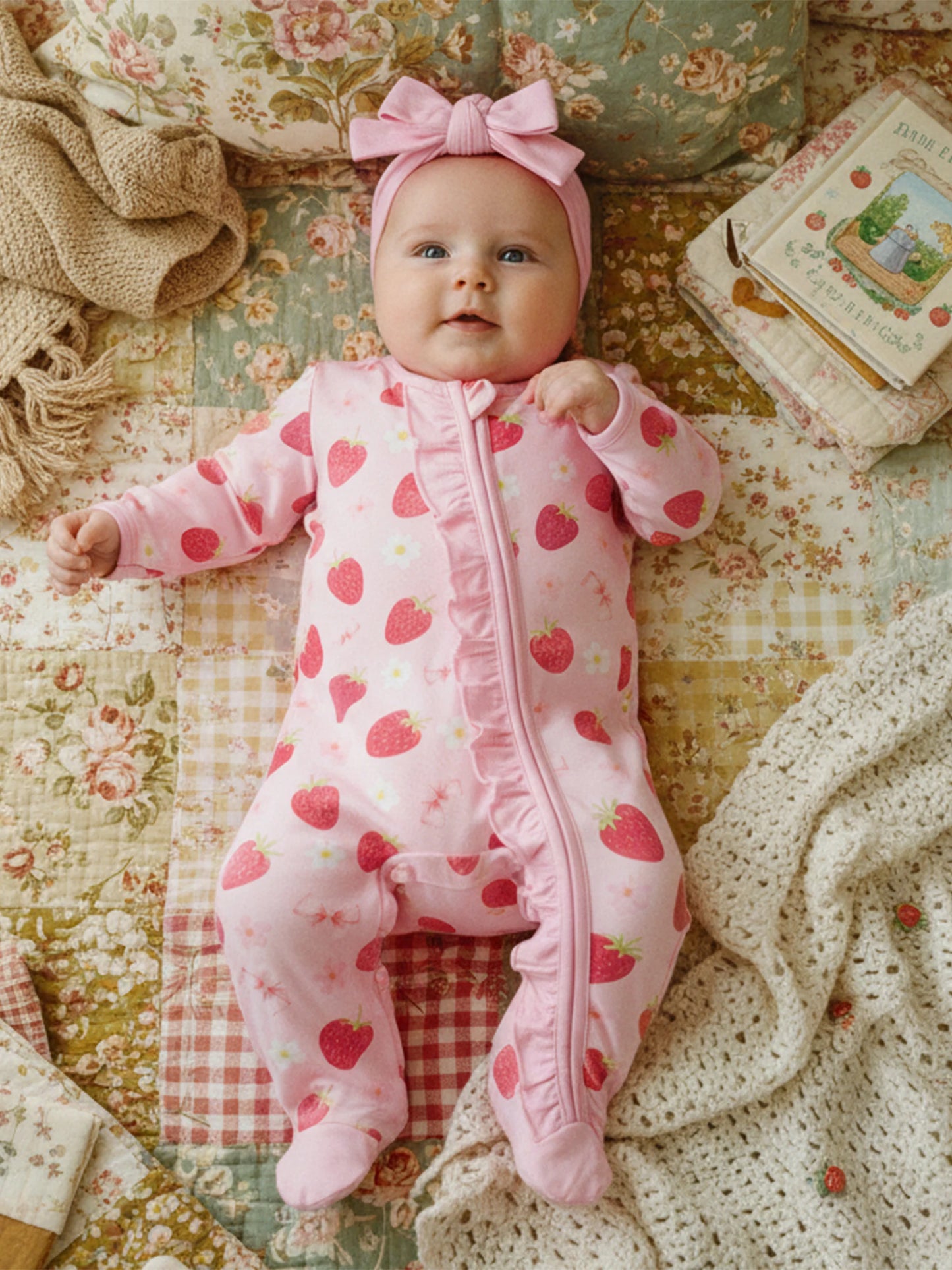 Newborn Baby Girl Footed Romper Strawberry Bow Print Long Sleeve Zip Up Round Neck Ruffled Jumpsuit with Headband