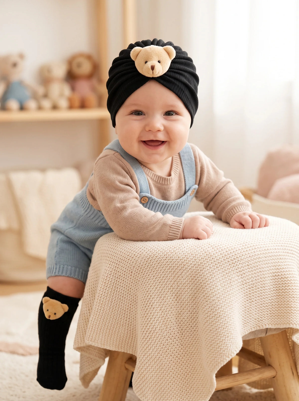 2pcs 3-24M Baby Kids Cute Puppy Cartoon Hat & Socks Set, Simple Solid Color Infant Knit Accessory Kit