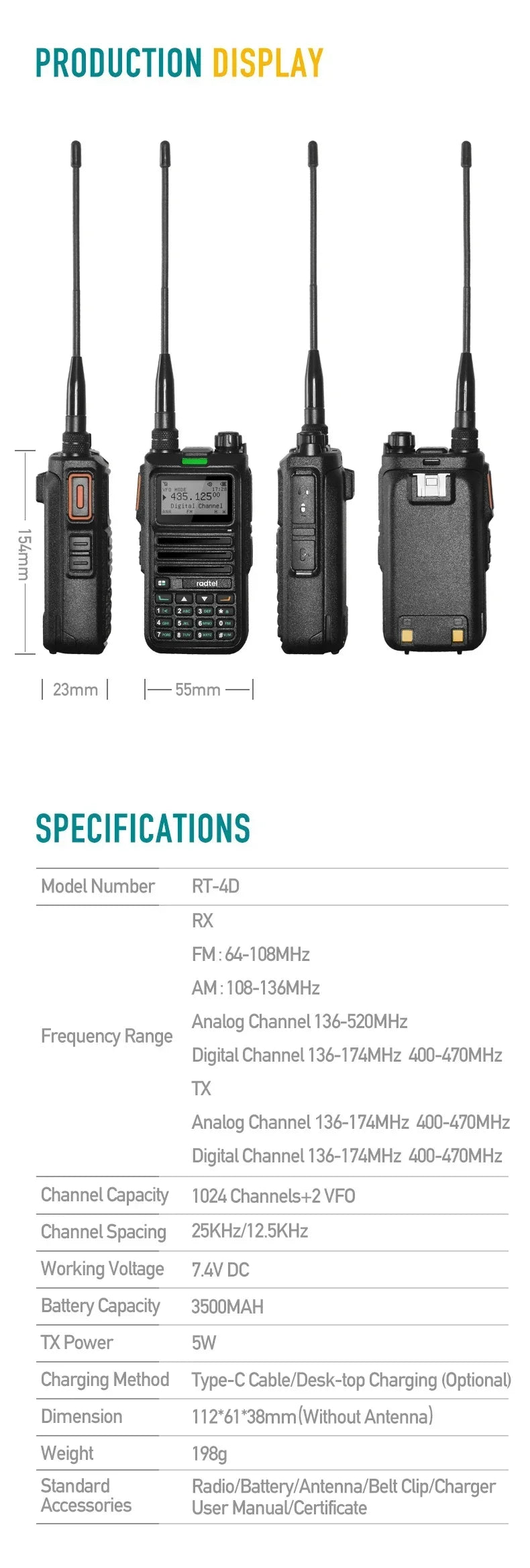Radtel RT-4D DMR Radio Digital Walkie Talkie Dual Mode Analog Two Way Radio Dual Time Slot Ham Radio 1024 Channels