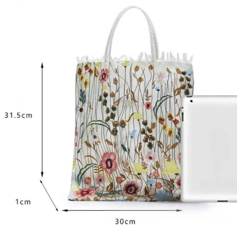 1Pc Fashion Tote Summer New Style Mesh Full Embroidery Flowers Clear Shoulder Bag Romantic Handbag Women's Eco Shopping Bag 2025