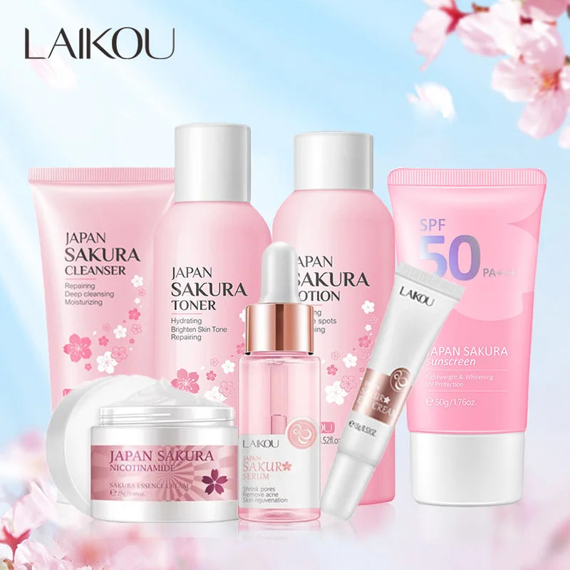 7pcs Sakura Skin Care Set Moisturizing Brightening Sunscreen Cleanser Fine Lines Delay Skin Aging  Nourish Daily Face Care Suit