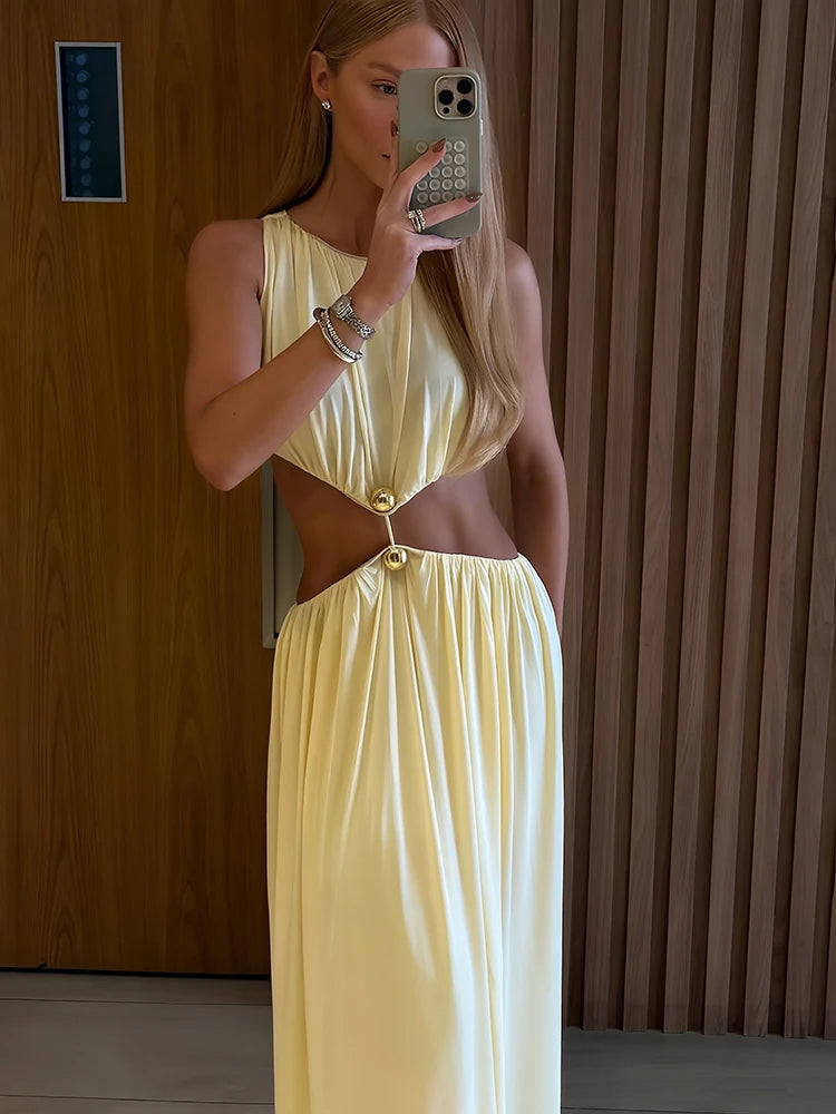 Sisterlinda Metal Patchwork Waistless Long Dresses Women o-Neck Sleeveless Summer Vacation Y2K Style Ruched Elegant Vestidos