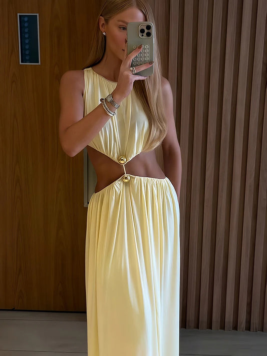 Sisterlinda Metal Patchwork Waistless Long Dresses Women o-Neck Sleeveless Summer Vacation Y2K Style Ruched Elegant Vestidos