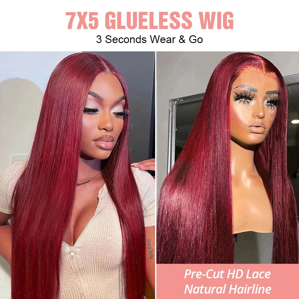 Burgundy Transparent Lace Frontal Human Hair Wig 7x5 Glueless Red 99J Straight Colored 13x4 Lace Front Human Hair Wigs For Women
