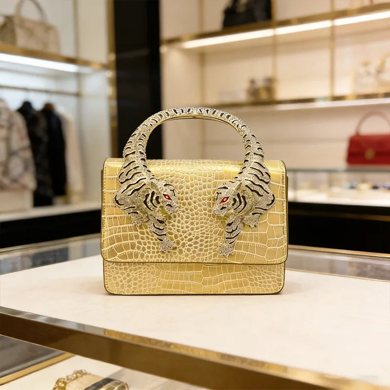 2026 New Luxury Designer Handbag for Women Crocodile Effect Leather Tiger-sculpted Top Handle Fashion Evening Shoulder Bag