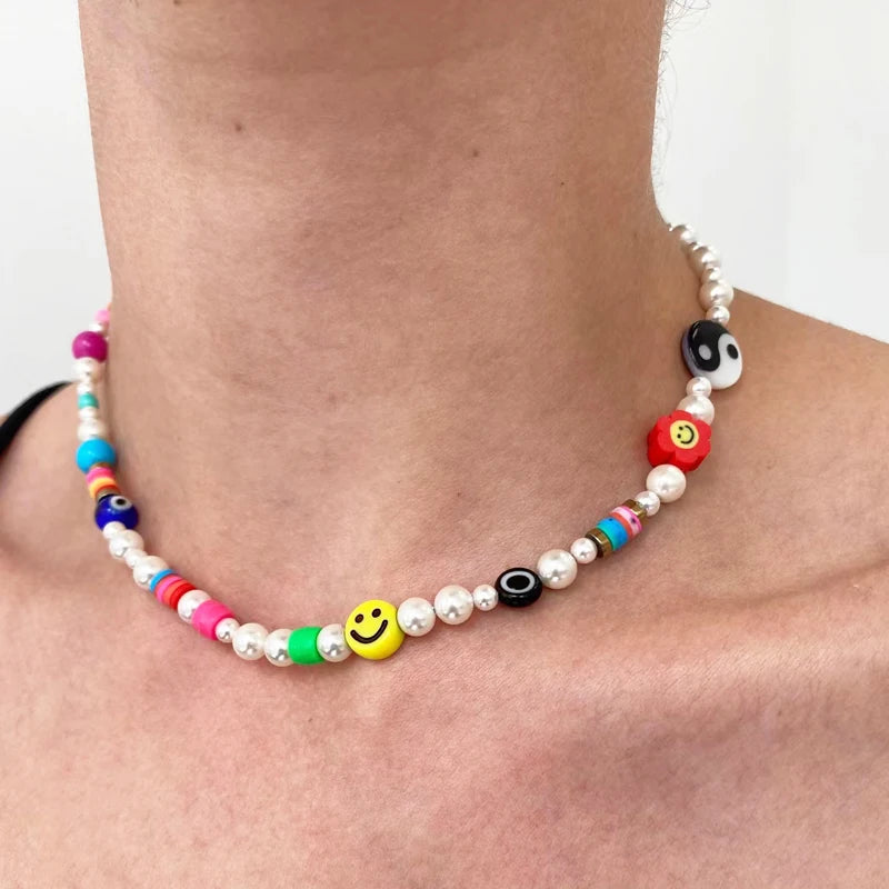 Fashion Rainbow Beads Choker Bohemian Handmade Imitation Pearls Necklace Women Charming Accessories 2022 New Trendy Jewelry