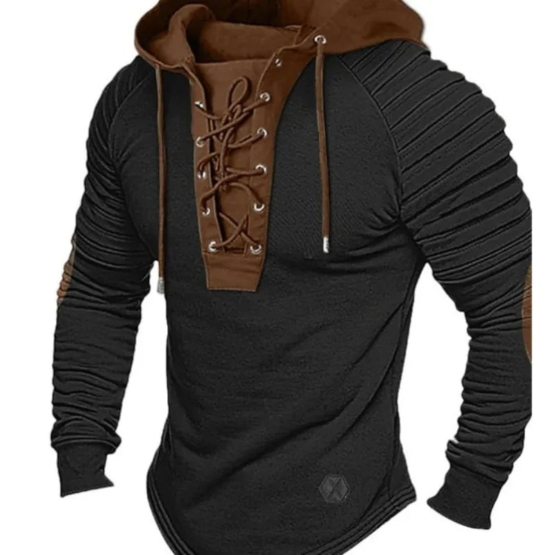 Men’s Lace-Up Hoodie Long Sleeve Pullover Slim Fit Sweatshirt Ribbed Arm Patchwork Design Off White Streetwear Tops