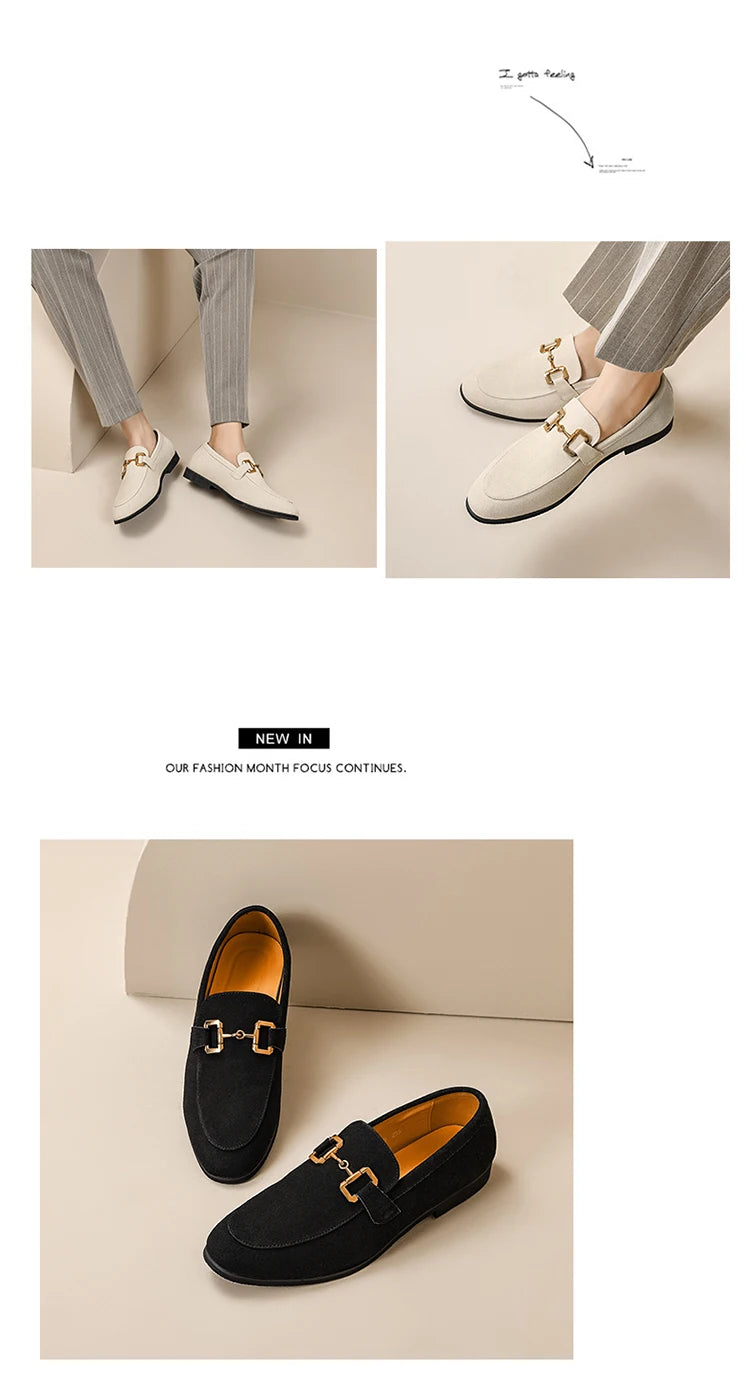 Loafers Men Shoes Black Beige Flock Round Toe Metal Decoration Men Dress Shoes Slip on Men Shoes