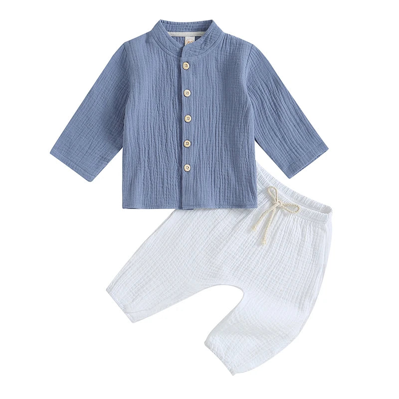 0-4Y Kids Boys Summer Fall Outfits Baby Solid Color Buttons Long Sleeve Shirts Tops + Elastic Waist Long Pants Boys Clothes Sets