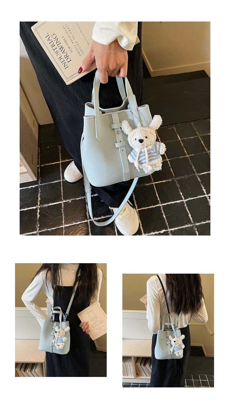 Fashionable Bucket Handbag Women's Shoulder Bag Spring Versatile Commuting Crossbody Bag Soft PU Leather Magnetic Buckle Closure
