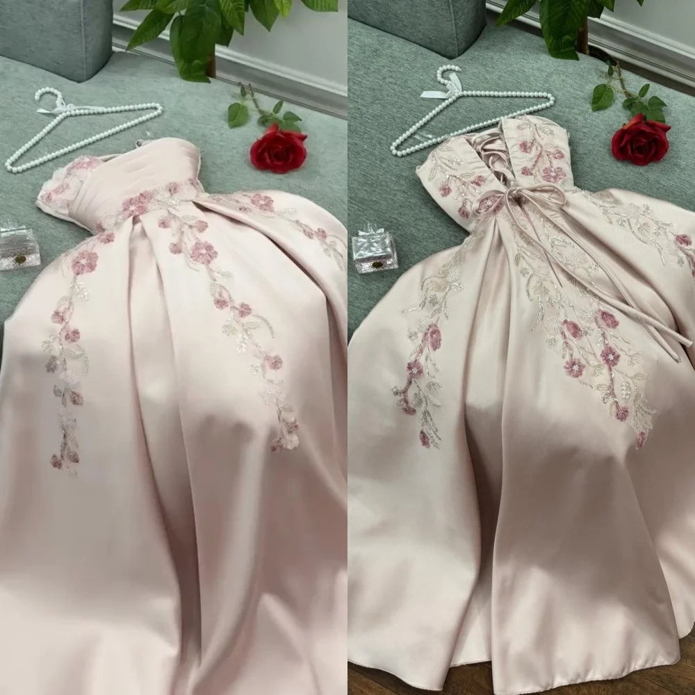 Customized Satin Sequined Applique A-line Strapless Midi Dresses Prom Dresses Modern Style Pastrol Chinese Style Fashion Sexy