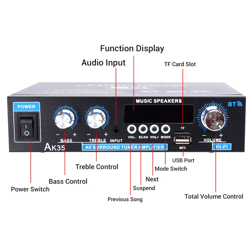 Auto-partner AK35 Audio Amplifier Max 200W HiFi 2.0 Stereo Bluetooth 5.0 AMP Receiver for Car Home Party RV