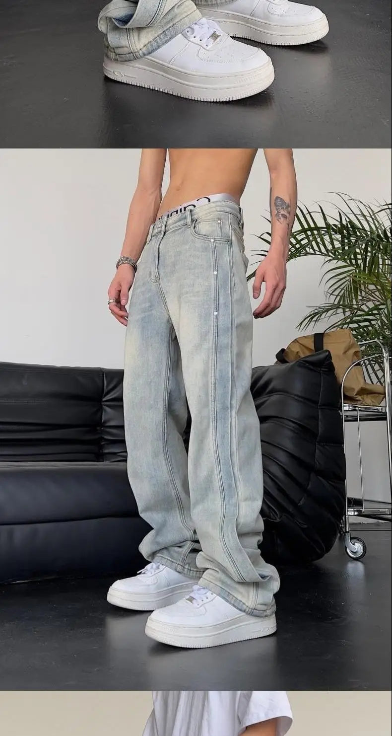 Jeans for Men Loose Light Blue Baggy Straight Man Cowboy Pants Punk Spliced Y2k Vintage Trousers 2025 Korean Autumn Trend Cotton