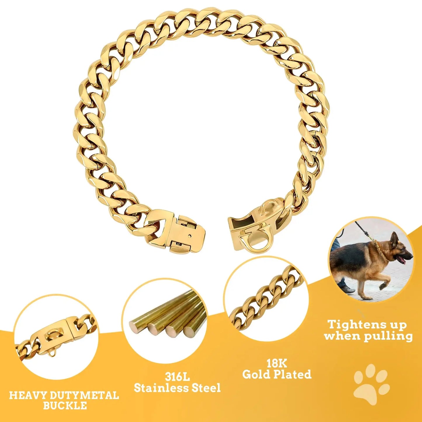 Strong Heavy Duty 19MM Wide Light Metal Strong Metal Cuban Link Dog Collar,Gold Dog Chain Collar for Small Medium Dogs