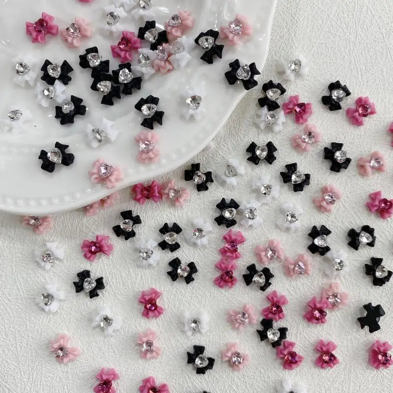 10pcs Resin Bow Nail Art Decoration With Heart Crystal Rhinestones Pearls Accessories For Nails Art Decoration Supplies