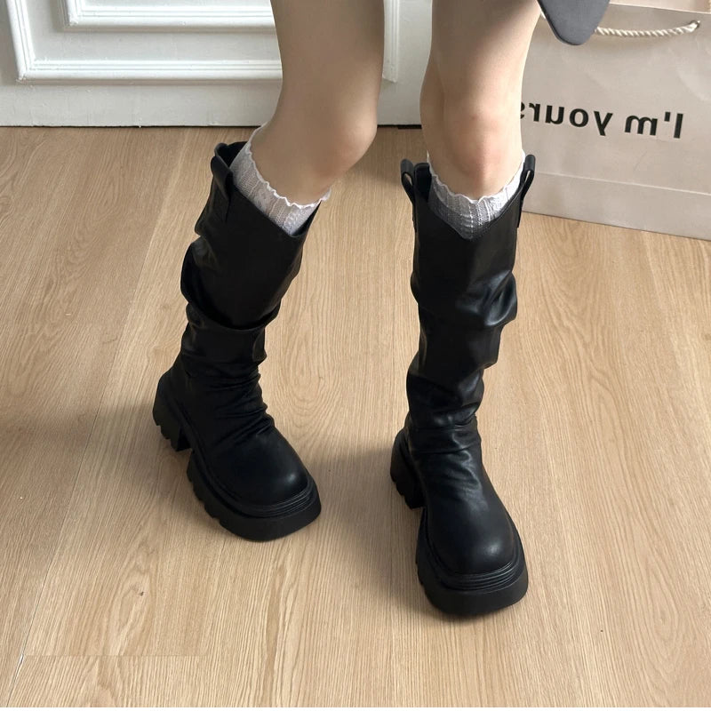 Autumn Winter Platform Thick Bottom Women Long Boots Fashion Slip On Shoes Vintage Ladies Knight Botas