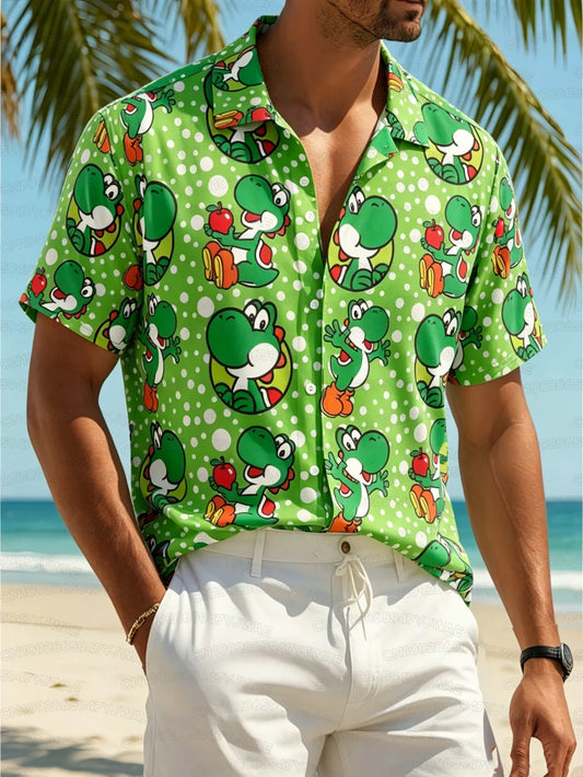 Summer Men's Women's Yoshi Full Body Printed Button Casual Hawaiian Shirt Summer Beach Vacation Short Sleeve Shirt
