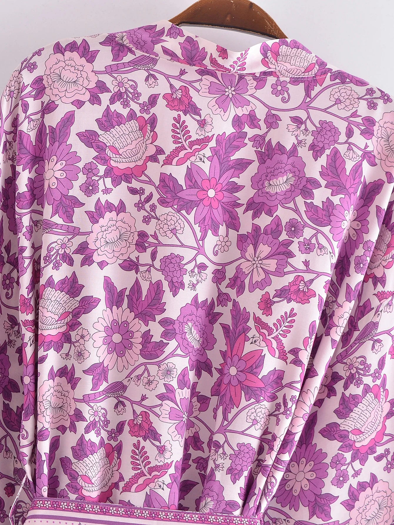 BOHO Women Blue With Pink Flower Print Kimono Shirt Holiday Tide Bow Sashes Mid Long Cardigan Summer Blouse Beach Cape