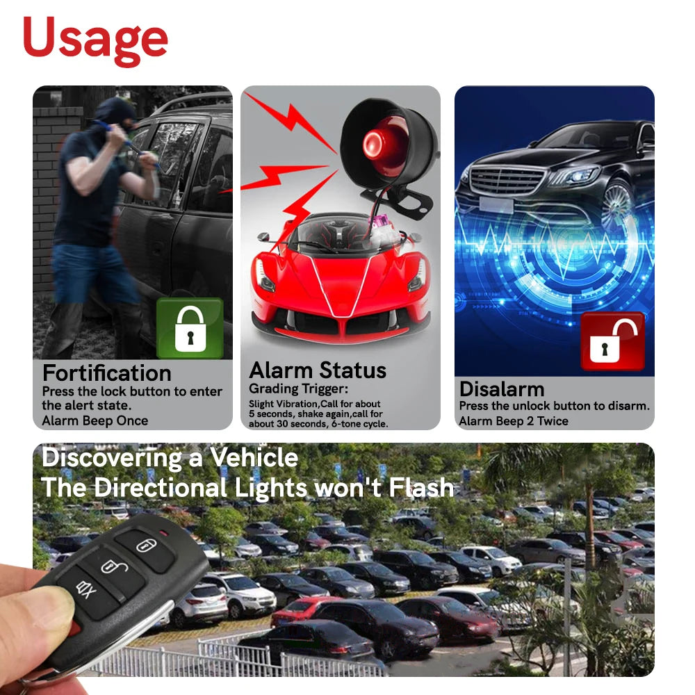 Universal 12V Car Alarm System 1 Way Vehicle Burglar Alarm Siren Security Protection With 2 Remote Control Car Motorcycle Truck