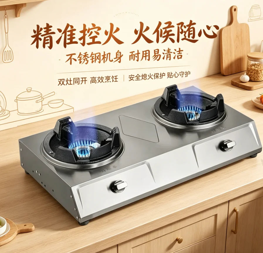 Single Double Burner Stainless Steel Gas Stove High Pressure LPG Commercial Home Cooking IAA
